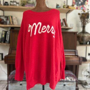 Red “Merry” Holiday Sweater – Cozy Oversized Knit Pullover, Festive Christmas Ju